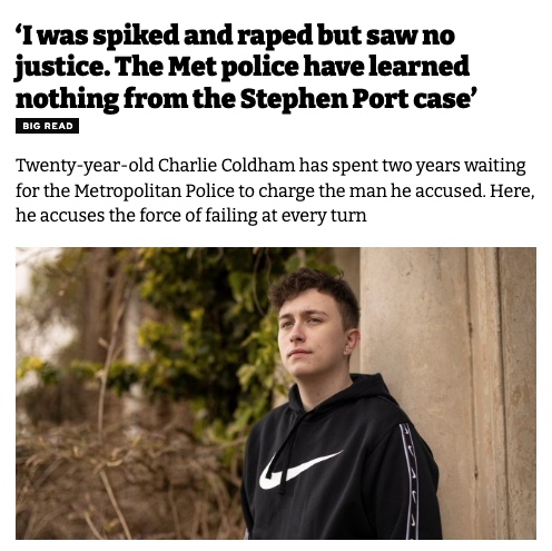 alt="iNews article of Twenty year old Charlie Coldham, who has spent two years waiting for the Metropolitan Police to charge the man he accused of rape."