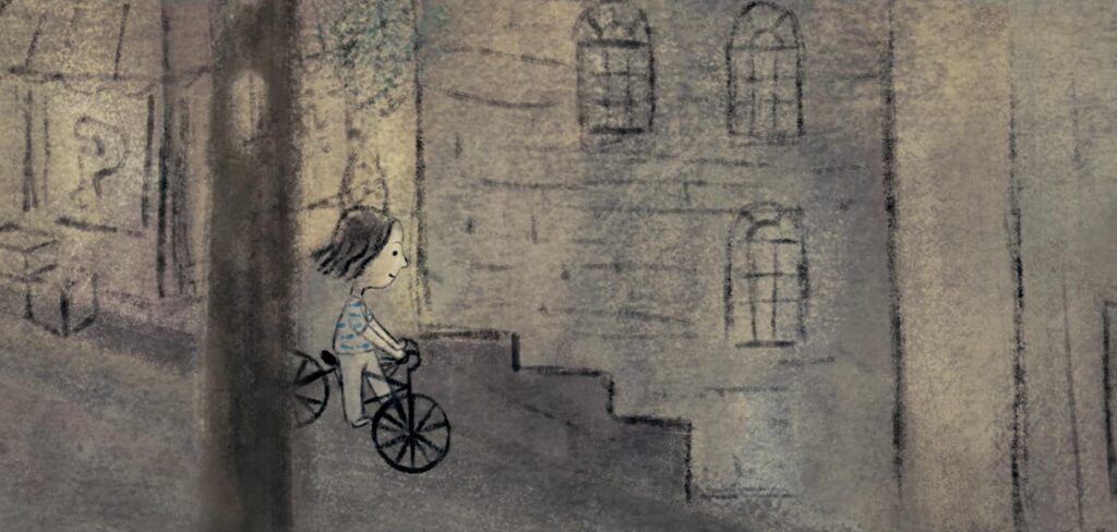 drawing of child Hossein on bicycle